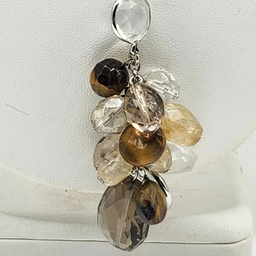 Silver Tone Cluster Beaded Pendant Necklace‎ Smoky Quartz Tigers Eye Style Beads